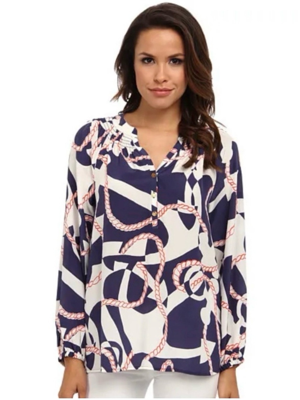 Lilly Pulitzer 100% Silk Nautical Rope Anchor Print Blouse Top Small